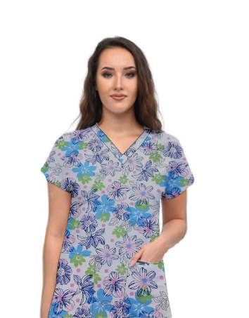 Blue and Green Flower Printed Top V Neck