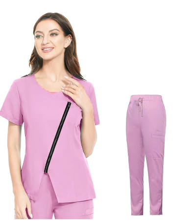 Women’s Scrub Set with Scrub Top Diagonal Zipper